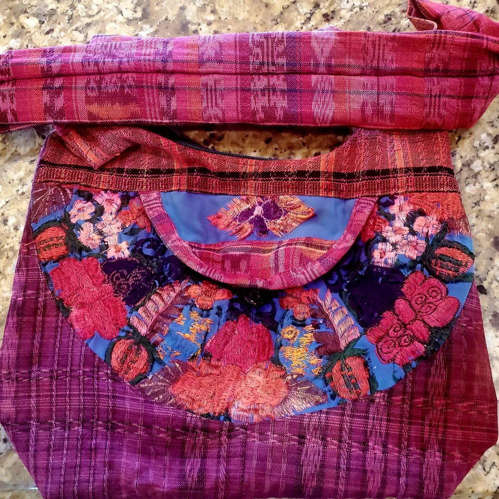 Crossbody Cotton Blend Multicolor Embroidered Hobo Bag Inner & Outer Pockets - Picture 8 of 8